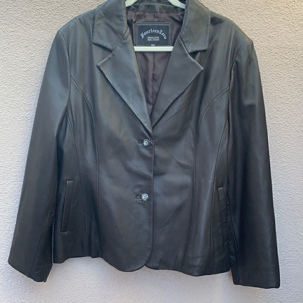 Genuine Leather Jacket Fourteen Zero XLT V Neck 2 Button Long Sleeve Black